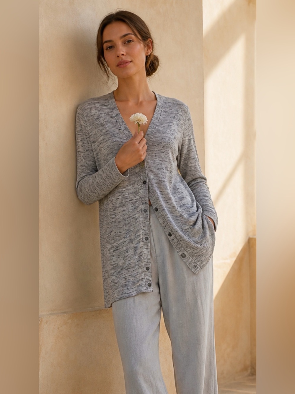 Talbots Light Gray Linen Blend Marled Button-Up Cardigan. Brass buttons.‎ Sz SP